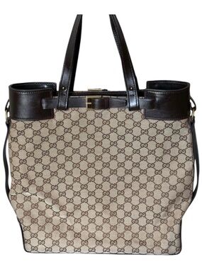 Gucci Vintage Brown & Beige GG Canvas Tote with Dark Brown Leather Trim